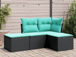 vidaXL 4 Piece Patio Sofa Set with Cushions Black Poly Rattan