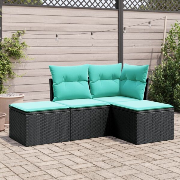 vidaXL 4 Piece Patio Sofa Set with Cushions Black Poly Rattan