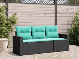vidaXL 3 Piece Patio Sofa Set with Cushions Black Poly Rattan