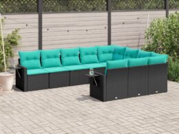 vidaXL 10 Piece Patio Sofa Set with Cushions Black Poly Rattan