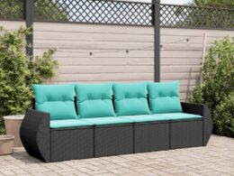 vidaXL 4 Piece Patio Sofa Set with Cushions Black Poly Rattan