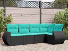 vidaXL 5 Piece Patio Sofa Set with Cushions Black Poly Rattan