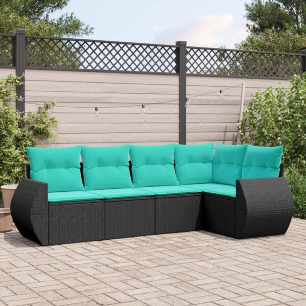 vidaXL 5 Piece Patio Sofa Set with Cushions Black Poly Rattan