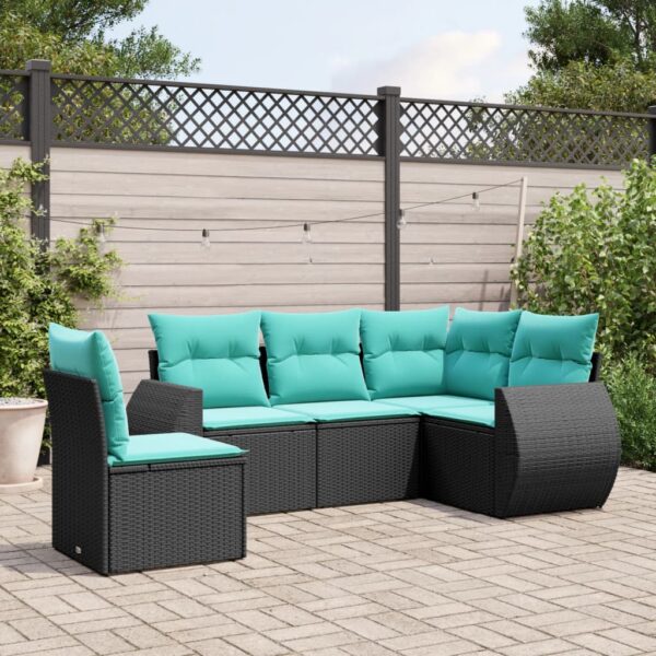 vidaXL 5 Piece Patio Sofa Set with Cushions Black Poly Rattan