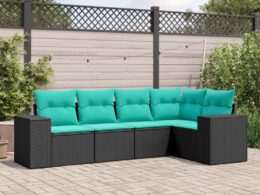 vidaXL 5 Piece Patio Sofa Set with Cushions Black Poly Rattan