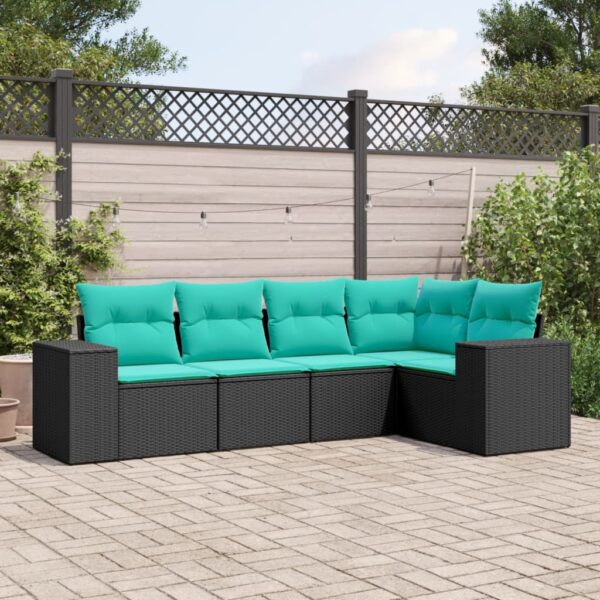 vidaXL 5 Piece Patio Sofa Set with Cushions Black Poly Rattan