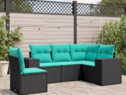 vidaXL 5 Piece Patio Sofa Set with Cushions Black Poly Rattan