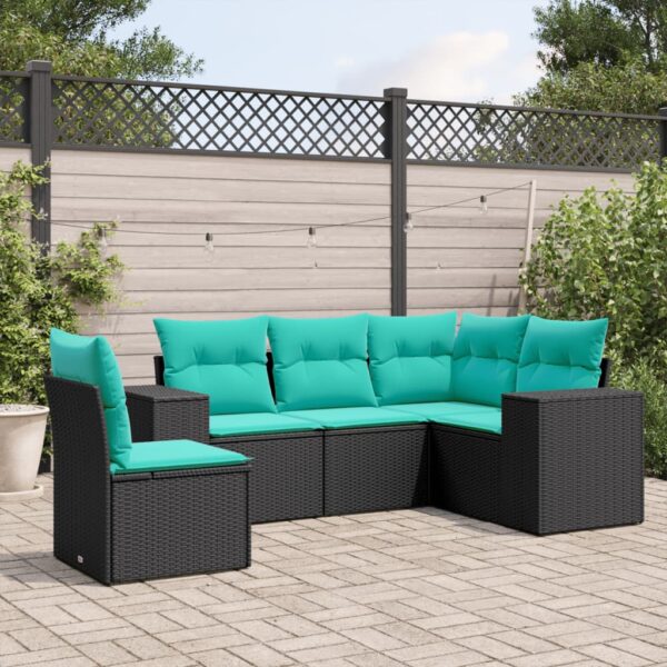 vidaXL 5 Piece Patio Sofa Set with Cushions Black Poly Rattan