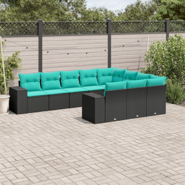 vidaXL 10 Piece Patio Sofa Set with Cushions Black Poly Rattan