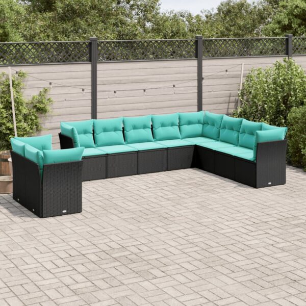 vidaXL 10 Piece Patio Sofa Set with Cushions Black Poly Rattan