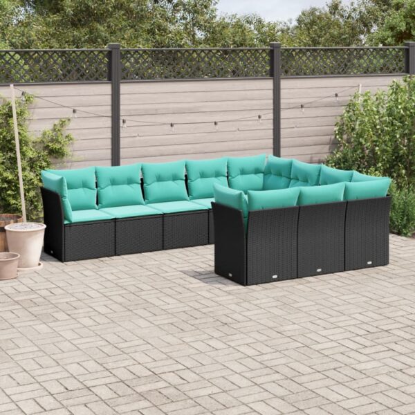 vidaXL 10 Piece Patio Sofa Set with Cushions Black Poly Rattan