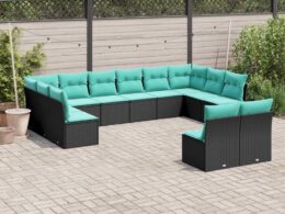 vidaXL 12 Piece Patio Sofa Set with Cushions Black Poly Rattan