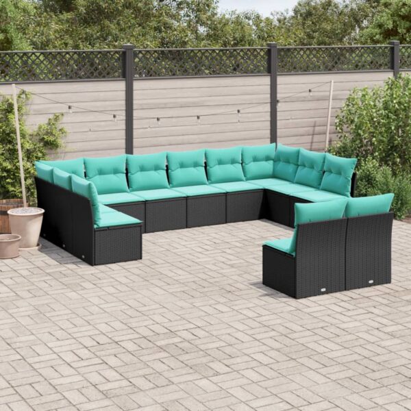 vidaXL 12 Piece Patio Sofa Set with Cushions Black Poly Rattan