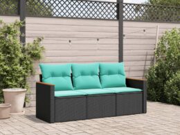 vidaXL 3 Piece Patio Sofa Set with Cushions Black Poly Rattan