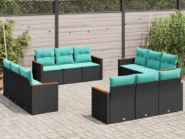 vidaXL 12 Piece Patio Sofa Set with Cushions Black Poly Rattan