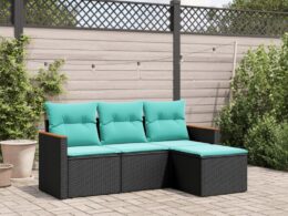 vidaXL 4 Piece Patio Sofa Set with Cushions Black Poly Rattan