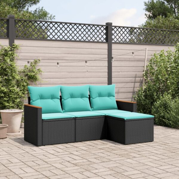 vidaXL 4 Piece Patio Sofa Set with Cushions Black Poly Rattan