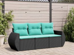vidaXL 3 Piece Patio Sofa Set with Cushions Black Poly Rattan