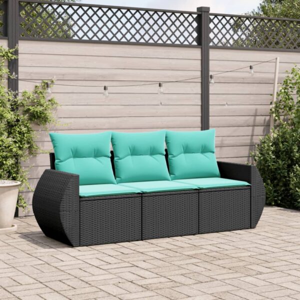 vidaXL 3 Piece Patio Sofa Set with Cushions Black Poly Rattan