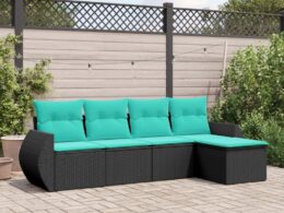 vidaXL 5 Piece Patio Sofa Set with Cushions Black Poly Rattan