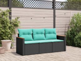 vidaXL 3 Piece Patio Sofa Set with Cushions Black Poly Rattan