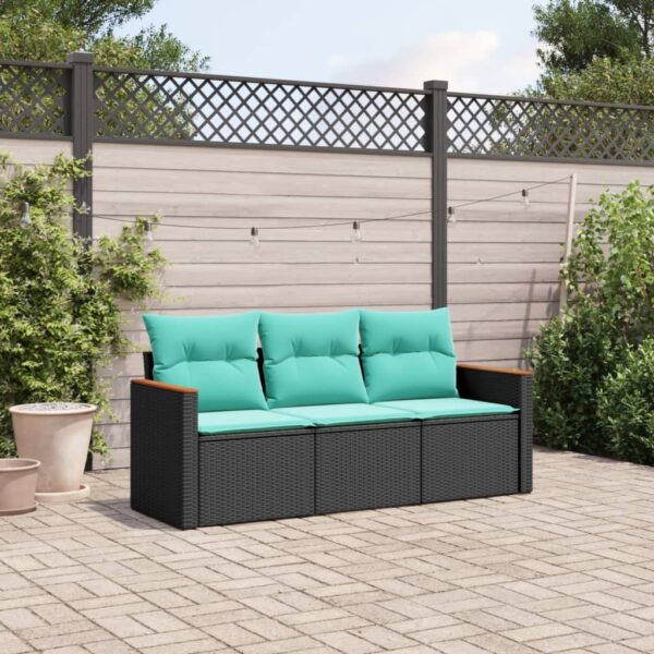 vidaXL 3 Piece Patio Sofa Set with Cushions Black Poly Rattan