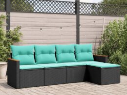 vidaXL 5 Piece Patio Sofa Set with Cushions Black Poly Rattan