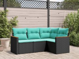 vidaXL 4 Piece Patio Sofa Set with Cushions Black Poly Rattan