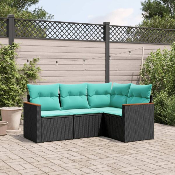 vidaXL 4 Piece Patio Sofa Set with Cushions Black Poly Rattan