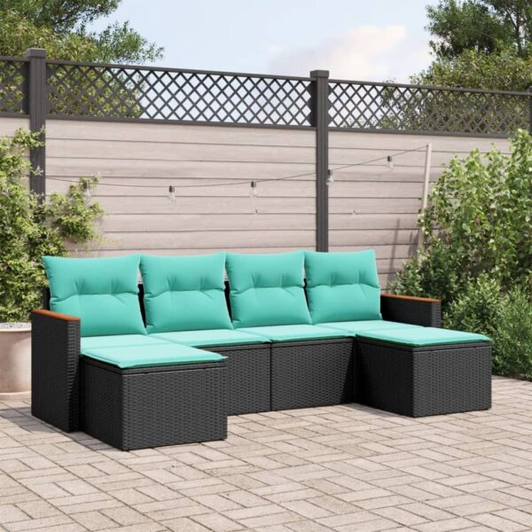 vidaXL 6 Piece Patio Sofa Set with Cushions Black Poly Rattan