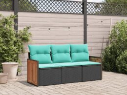 vidaXL 3 Piece Patio Sofa Set with Cushions Black Poly Rattan