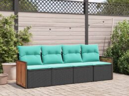 vidaXL 4 Piece Patio Sofa Set with Cushions Black Poly Rattan