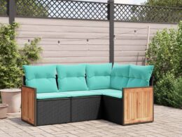 vidaXL 4 Piece Patio Sofa Set with Cushions Black Poly Rattan