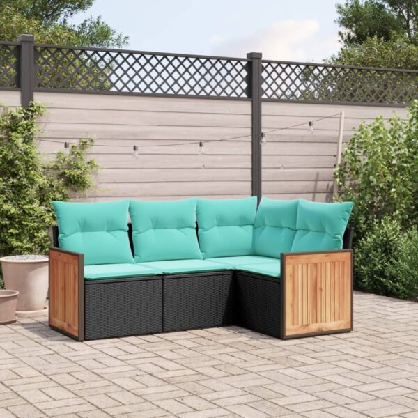 vidaXL 4 Piece Patio Sofa Set with Cushions Black Poly Rattan