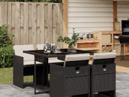 vidaXL 5 Piece Patio Dining Set with Cushions Black Poly Rattan