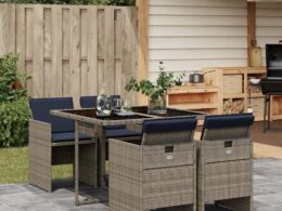 vidaXL 5 Piece Patio Dining Set with Cushions Gray Poly Rattan