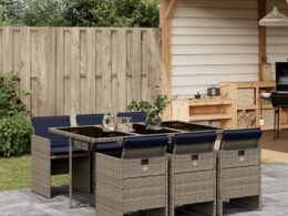 vidaXL 7 Piece Patio Dining Set with Cushions Gray Poly Rattan