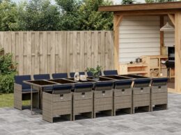 vidaXL 13 Piece Patio Dining Set with Cushions Gray Poly Rattan