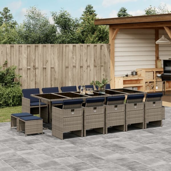 vidaXL 15 Piece Patio Dining Set with Cushions Gray Poly Rattan