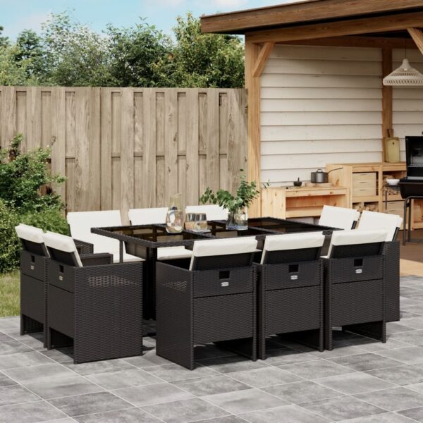 vidaXL 11 Piece Patio Dining Set with Cushions Black Poly Rattan