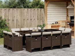 vidaXL 13 Piece Patio Dining Set with Cushions Brown Poly Rattan