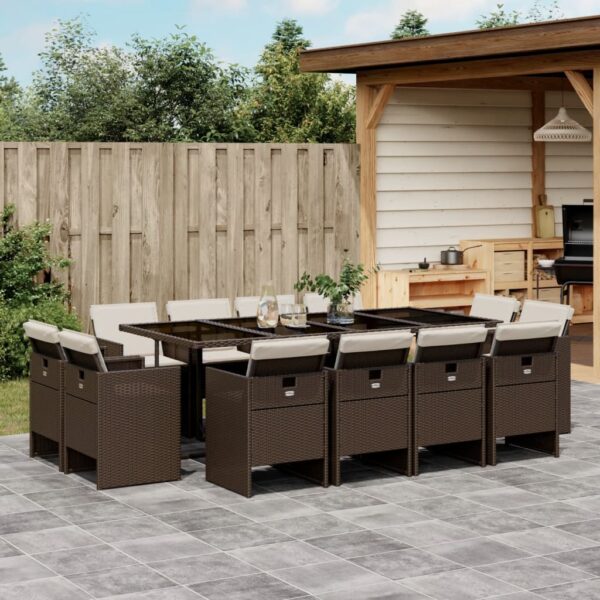 vidaXL 13 Piece Patio Dining Set with Cushions Brown Poly Rattan