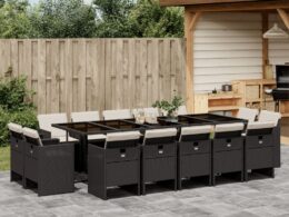 vidaXL 15 Piece Patio Dining Set with Cushions Black Poly Rattan