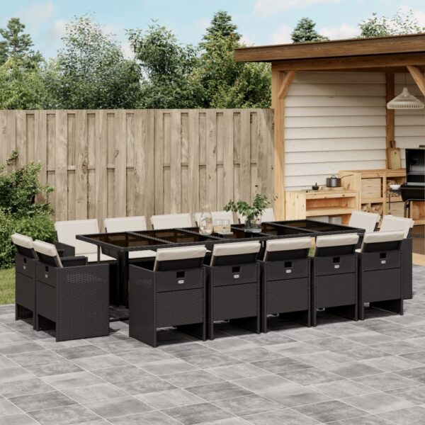 vidaXL 15 Piece Patio Dining Set with Cushions Black Poly Rattan