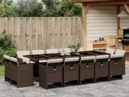 vidaXL 15 Piece Patio Dining Set with Cushions Brown Poly Rattan