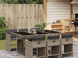 vidaXL 7 Piece Patio Dining Set with Cushions Gray Poly Rattan