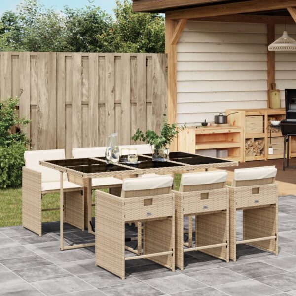vidaXL 7 Piece Patio Dining Set with Cushions Beige Poly Rattan