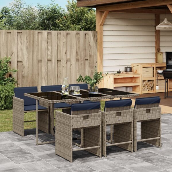 vidaXL 7 Piece Patio Dining Set with Cushions Gray Poly Rattan