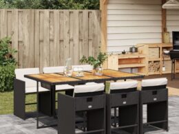 vidaXL 7 Piece Patio Dining Set with Cushions Black Poly Rattan