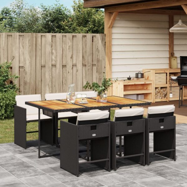 vidaXL 7 Piece Patio Dining Set with Cushions Black Poly Rattan